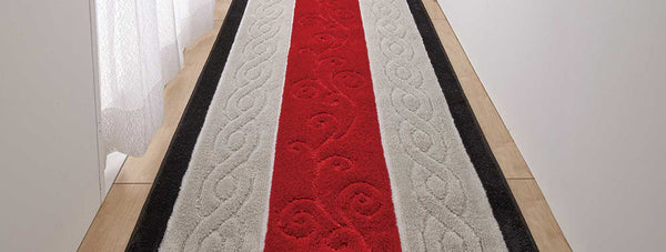 アラベスク柄 廊下敷き/フロアマット 〔エンジ 65×440cm〕 抗菌・防臭・吸水・速乾加工 滑りにくい加工 洗える 日本製〔代引不可〕