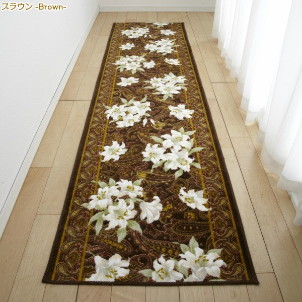 廊下用マット 廊下敷きカーペット 絨毯 ラグ 敷き物 80×700cm ロング 長い マット 花柄 ゆり ユリ 百合 おしゃれ 北欧 ゴージャス 豪華 日本製 滑り止め 抗菌 【納期B】【lic-sas-035】