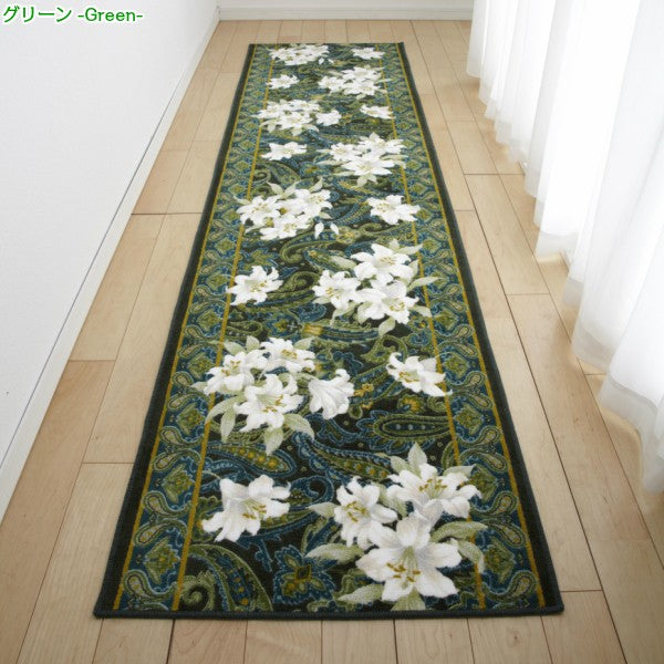 廊下用マット 廊下敷きカーペット 絨毯 ラグ 敷き物 80×340cm 花柄 ゆり ユリ 百合 ペイズリー 柄 おしゃれ 北欧 ゴージャス 豪華 高級感 日本製 滑り止め 抗菌 【納期B】【lic-sas-032】