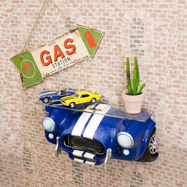 ウォールシェルフ 壁面 壁 ラック シェルフ 飾り棚 棚 車 デザイン おもしろ インテリア ガラス天板 コレクションラック 青 ブルー 【納期C】【akz-gk060】