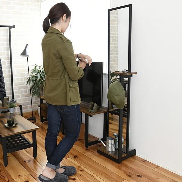 姿見鏡 スタンドミラー 全身 鏡 細い 高さ 160cm スリム コンパクト 省スペース ビンテージ風 ブルックリン カフェ風 おしゃれ レトロ 北欧 木目 棚 ラック 【納期A】【jkp-kks-0020】