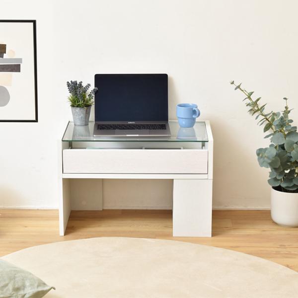 デスク 机 ローデスク ロータイプ テーブル ガラス天板 収納棚 収納ラック 引き出し オープンラック 北欧 ナチュラル カントリー おしゃれ シンプル 白 ホワイト 【納期A】【jpk-fdr-0003】