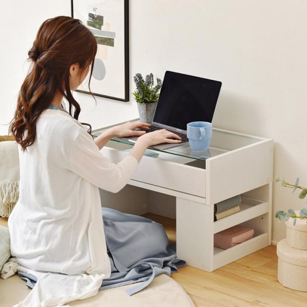 デスク 机 ローデスク ロータイプ テーブル ガラス天板 収納棚 収納ラック 引き出し オープンラック 北欧 ナチュラル カントリー おしゃれ シンプル 白 ホワイト 【納期A】【jpk-fdr-0003】