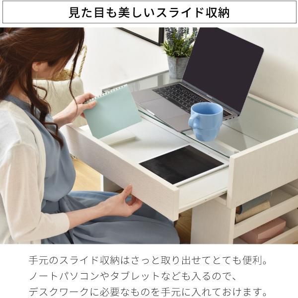 デスク 机 ローデスク ロータイプ テーブル ガラス天板 収納棚 収納ラック 引き出し オープンラック 北欧 ナチュラル カントリー おしゃれ シンプル 白 ホワイト 【納期A】【jpk-fdr-0003】