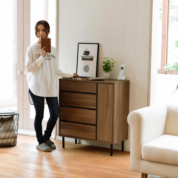 チェスト 収納棚 引出し 4段 ワイド 幅広 タンス おしゃれ 北欧 木目 柄 シンプル リビング ダイニング 脚付き スチール 黒 ブラック A4 B5 対応 可動棚 北欧 【納期A】【jpk-fmc-0002】