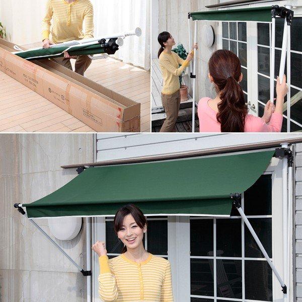 オーニング 3m ベージュ ストライプ cafe風 グリーン 緑 ブラウン 突っ張り DIY テント ベランダ 庭 手動 カフェ シェード 【納期D】【lic-tan-709-30】