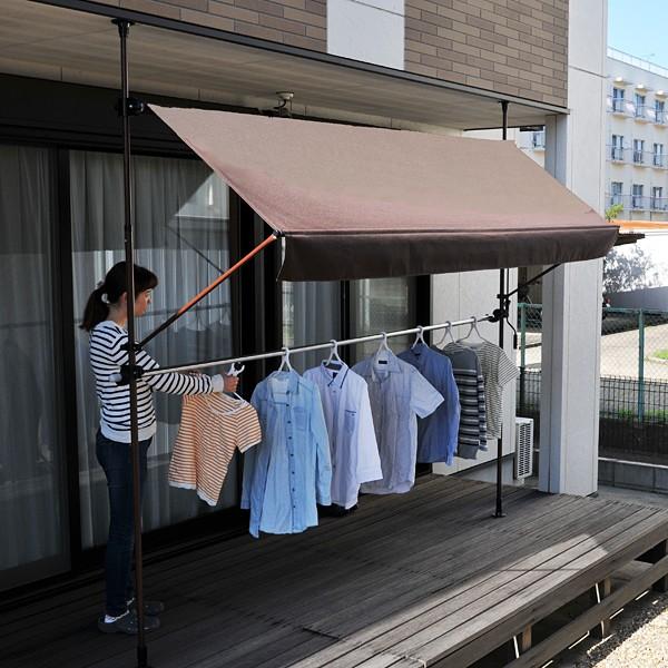 オーニング 3m ベージュ ストライプ cafe風 グリーン 緑 ブラウン 突っ張り DIY テント ベランダ 庭 手動 カフェ シェード 【納期D】【lic-tan-709-30】