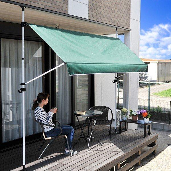 オーニング 3m ベージュ ストライプ cafe風 グリーン 緑 ブラウン 突っ張り DIY テント ベランダ 庭 手動 カフェ シェード 【納期D】【lic-tan-709-30】