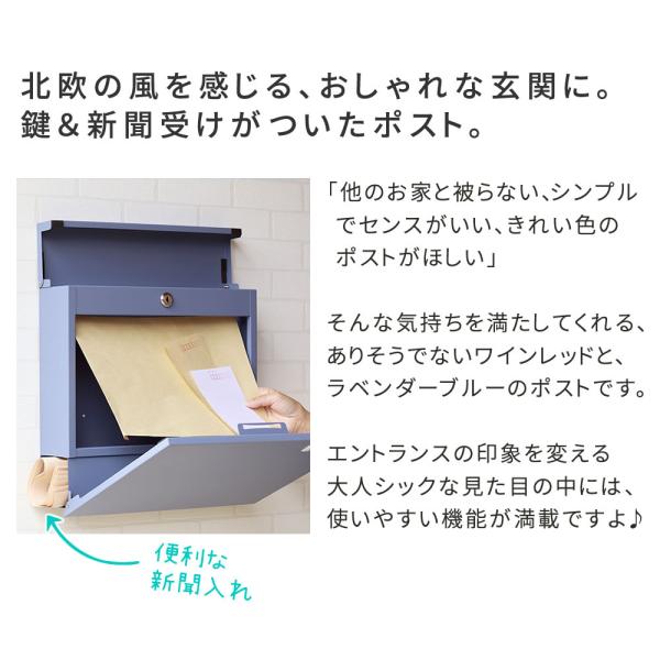 ポスト 郵便受け 壁付け 新聞受け おしゃれ シンプル スタイリッシュ スリム 薄型 コンパクト モダン 北欧 鍵つき ブルー 青 レッド 赤 ピンク系 【納期B】【sms-pst-004】