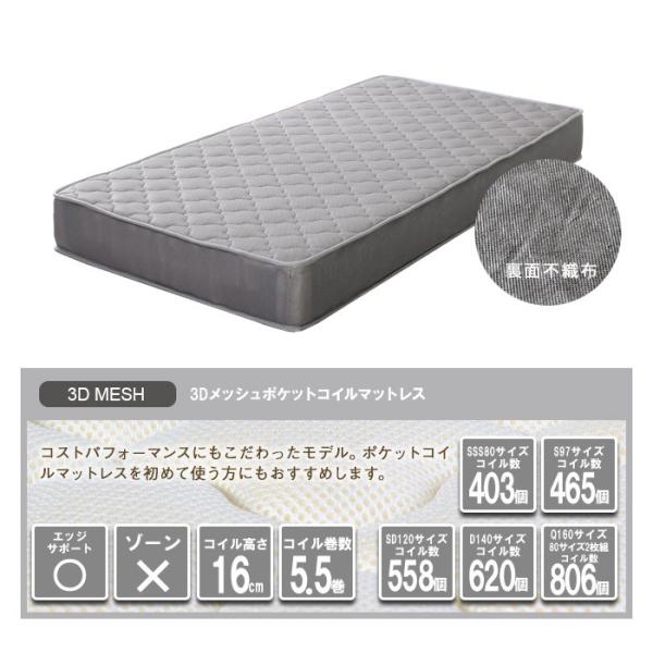 マットレス ダブル メッシュ構造 ポケットコイル 腰痛 寝心地 高反発 ウレタン 圧縮梱包 【納期A】【stz-ripk1401gy-d】