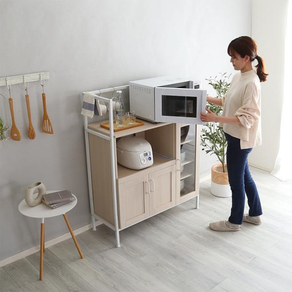 レンジ台 コンパクト 小さめ 省スペース 小型 食器棚 収納 おしゃれ 北欧 スライドレール 炊飯器置き 電子レンジ置き キッチンラック ホワイト 白 コンセント 【納期A】【szo-fra-90r】