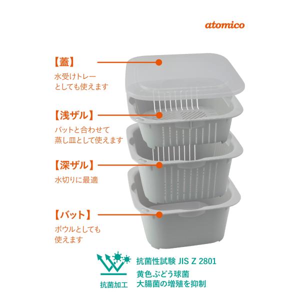 ザルセット 抗菌 ザル バット 水切り 電子レンジ対応 使える 浅ザル 深ザル バッド 蓋 ふた フタ コンパクト収納 省スペース 蒸し料理 日本製 【納期A】【toh-391015】