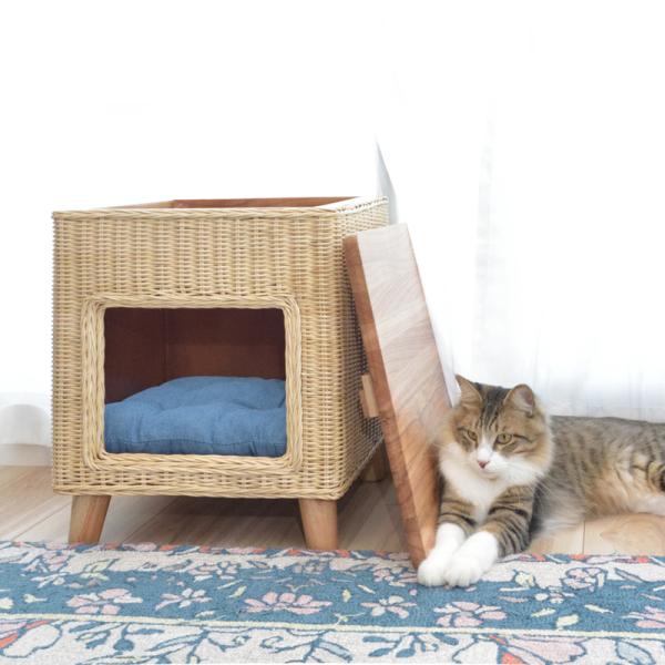 ペットハウス ネコ 猫 ねこ スツール 椅子 サイドテーブル 収納 脚付き インテリア カントリー デザイン ラタン素材 天然木製 遊び場 ペット クッション付き 【azm-pet-63】